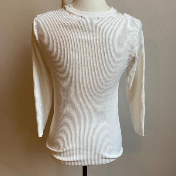 t Tahari BNWOT White Ribbed Split Vneck Sweater Pullover Large - Picture 4 of 7